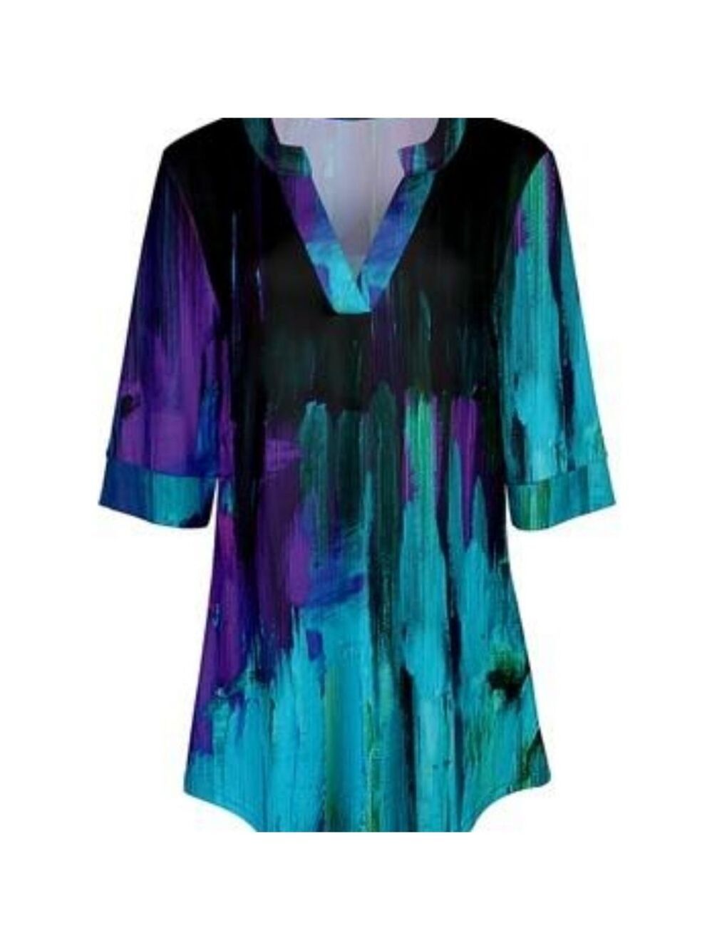 TRÏBE Teal Blue & Purple abstract print 3/4 sleeve Tunic Top Size Small NWT